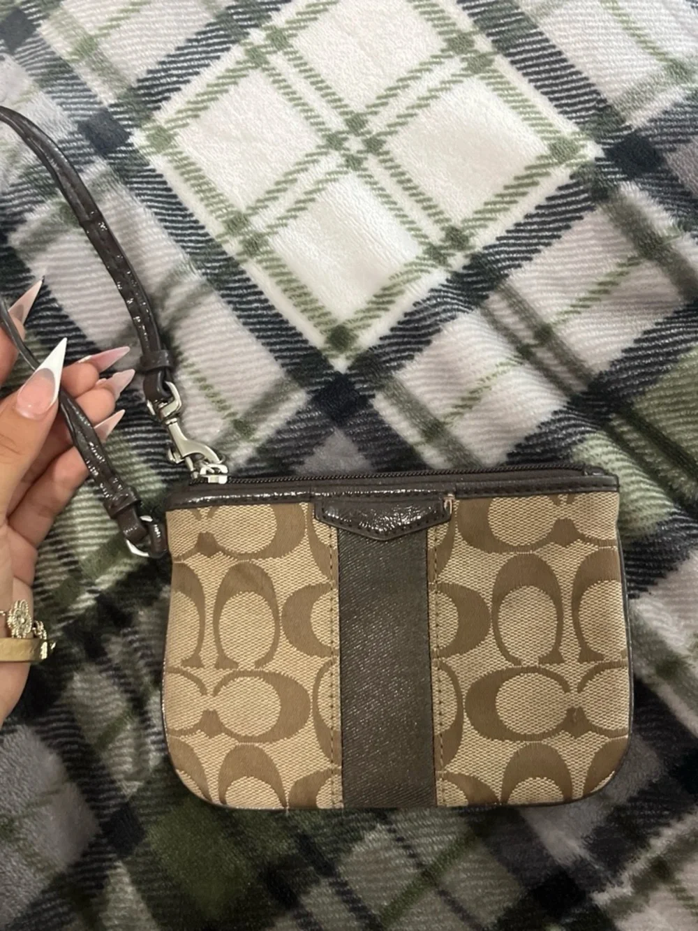 Coach Brown Signature Canvas Wristlet with Dark Brown Stripe